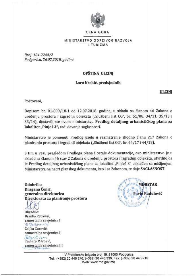 104-2244_2 Saglasnost na Predlog DUP-a za lokalitet Pinješ 3, Opština Ulcinj