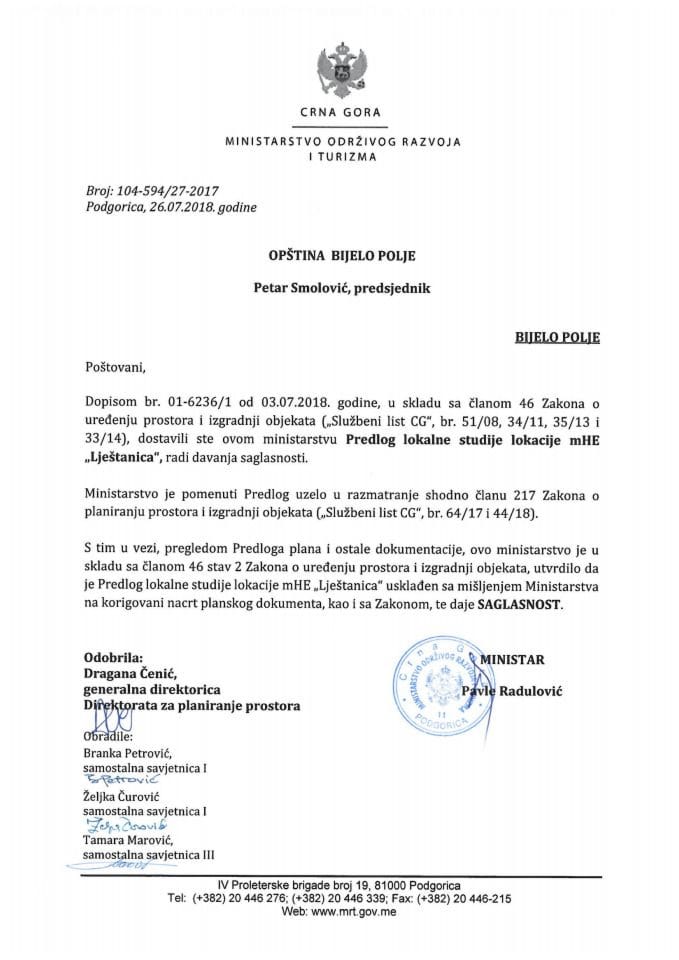 104-594_27-2017 Saglasnost na Predlog LSL mHE Lještanica, Opština Bijelo Polje