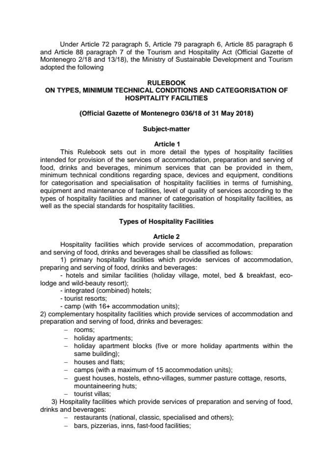 Rulebook on types, minimum tehnical conditions and categorisation of hospitality facilities