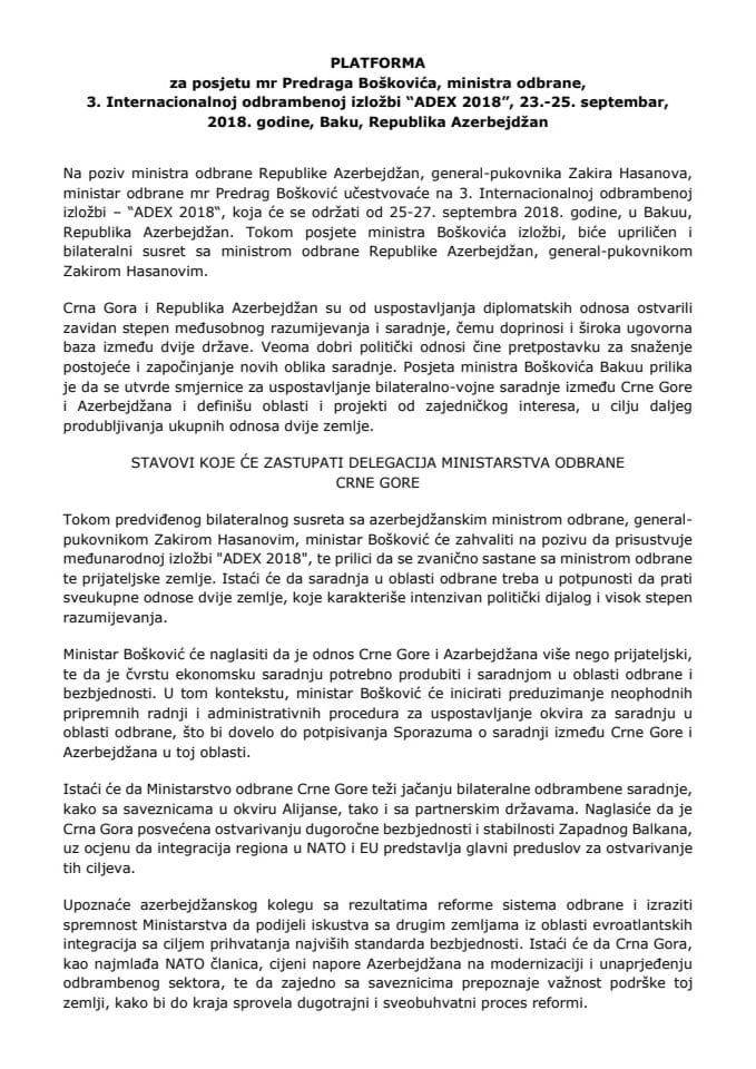 Predlog platforme za posjetu mr Predraga Boškovića, ministra odbrane, 3. internacionalnoj odbrambenoj izložbi "ADEX 2018", od 23. do 25. septembra 2018. godine, Baku, Republika Azerbejdžan (bez raspra