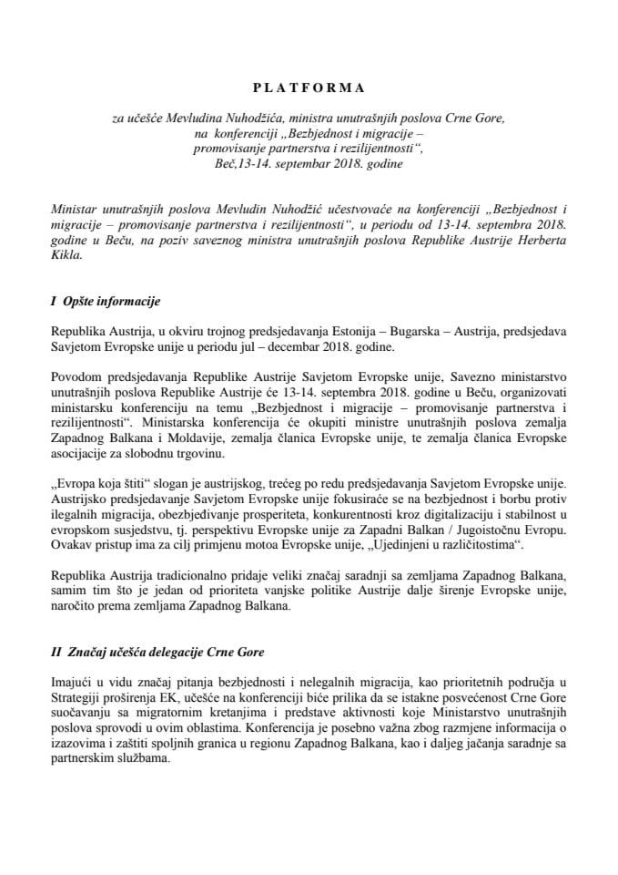 Predlog platforme za učešće Mevludina Nuhodžića, ministra unutrašnjih poslova, na konferenciji "Bezbjednost i migracije – promovisanje partnerstva i rezilijentnosti", Beč, 13. i 14. septembra 2018. go