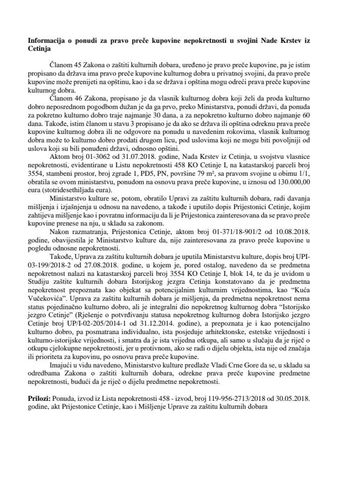 Информација о понуди за право прече куповине непокретности у својини Наде Крстев, из Цетиња (без расправе)