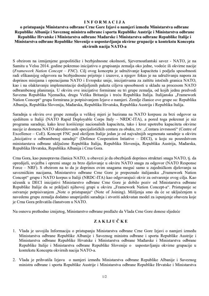 Informacija o pristupanju Ministarstva odbrane Crne Gore Izjavi o namjeri između Ministarstva odbrane Republike Albanije i Saveznog ministra odbrane i sporta Republike Austrije i Ministarstva odbrane 