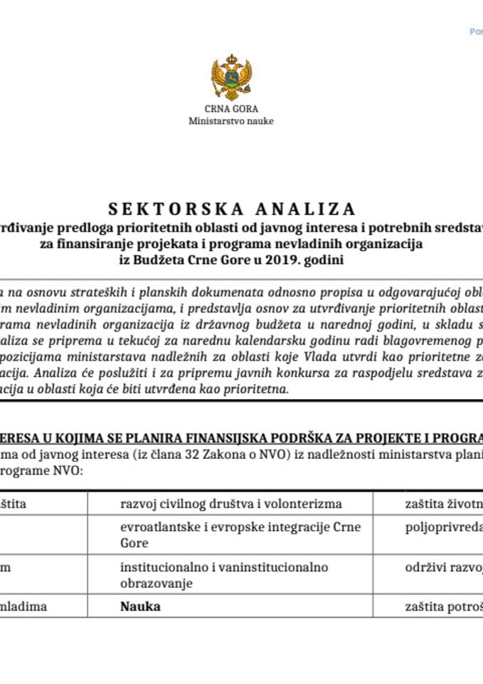 Sektorska analiza - Promocija nauke i istraživanja u društvu Crne Gore u 2019.godini