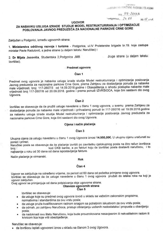 24.09.2018. Ugovor za nabavku usluga izrade studije Model restrukturiranja i optimizacije poslovanja javnog preduzeća za nacionalne parkove Crne Gore