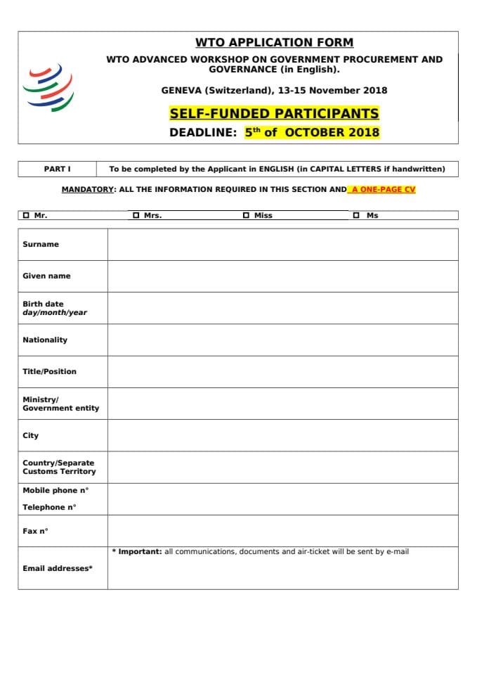Application Form SELF FUNDED- Advanced GP & Governance Workshop - (Geneva - Nov 2018)