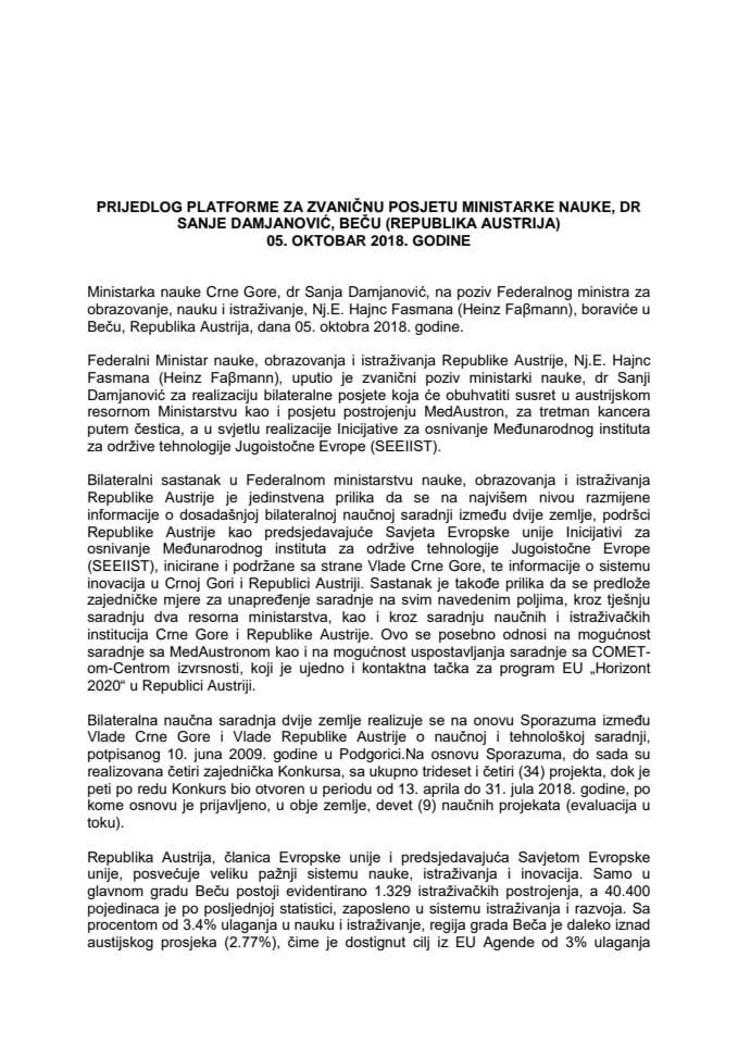 Predlog platforme za zvaničnu posjetu dr Sanje Damjanović, ministarke nauke, Beču, Republika Austrija, 5. oktobra 2018. godine (bez rasprave)