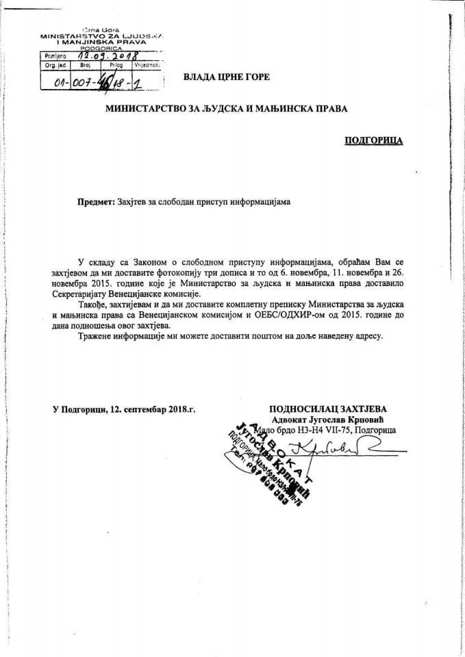 Zahtjev za slobodan pristup informacijama advokata Jugoslava Krpovića br.01-007-46/18-1, rješenje br. 10-007-46/18-2 i odgovor na zahtjev br.01-007-46/18-3