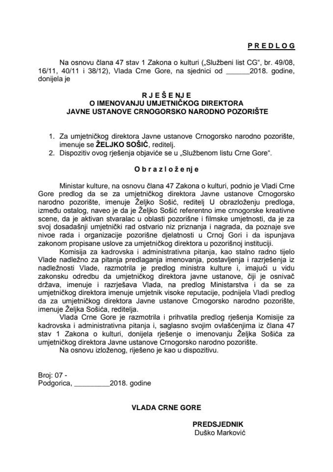 Predlog rješenja o imenovanju umjetničkog direktora Javne ustanove Crnogorsko narodno pozorište