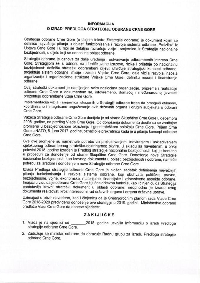 Informacija o izradi Predloga strategije odbrane Crne Gore (bez rasprave)
