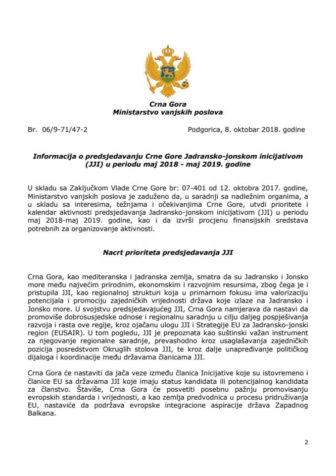 Информација о предсједавању Црне Горе Јадранско-јонском иницијативом (ЈЈИ) у периоду мај 2018 - мај 2019. године