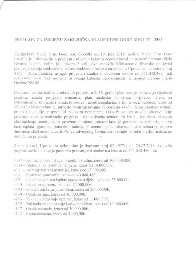 Predlog za izmjenu Zaključka Vlade Crne Gore, broj: 07-3583, od 19. jula 2018. godine (bez rasprave)