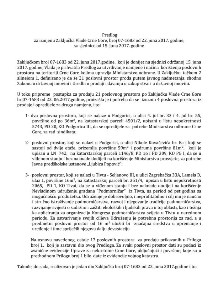 Predlog za izmjenu Zaključka Vlade Crne Gore, broj 07-1683, od 22. juna 2017. godine, sa sjednice od 15. juna 2017. godine (bez rasprave)