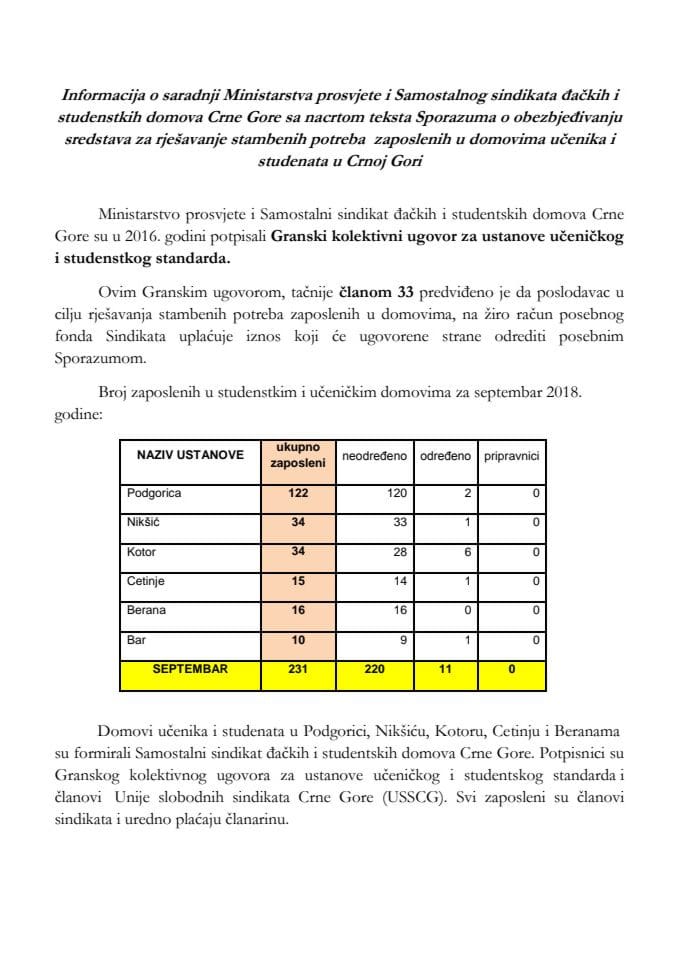 Информација о сарадњи Министарства просвјете и Самосталног синдиката ђачких и студентских домова Црне Горе с Предлогом споразума о обезбјеђивању средстава за рјешавање стамбених потреба запослених 