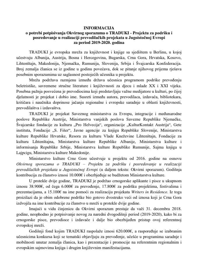 Informacija o potrebi potpisivanja Okvirnog sporazuma o TRADUKI - Projektu za podršku i posredovanje u realizaciji prevodilačkih projekata u Jugoistočnoj Evropi za period 2019-2020. godina s Nacrtom o