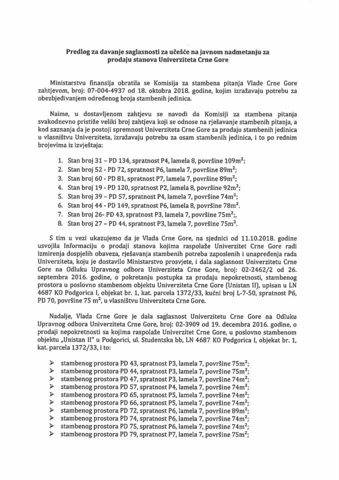 Predlog za davanje saglasnosti za učešće na javnom nadmetanju za prodaju stanova Univerziteta Crne Gore