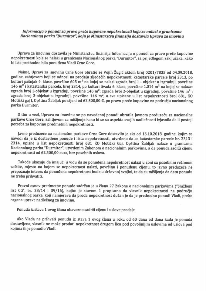 Informacija o ponudi za pravo preče kupovine nepokretnosti koja se nalazi u granicama Nacionalnog parka "Durmitor"
