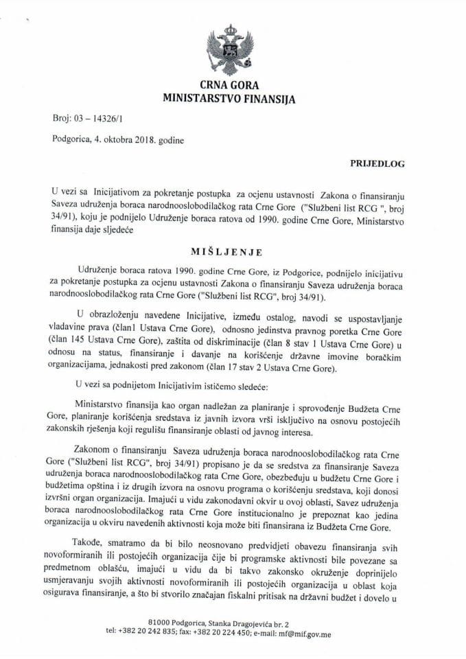 Predlog mišljenja na Inicijativu za pokretanje postupka za ocjenu ustavnosti Zakona o finansiranju Saveza udruženja boraca narodnooslobodilačkog rata Crne Gore ("Službeni list RCG", broj 34/91), koju 