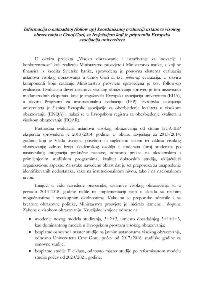 Informacija o naknadnoj (follow up) koordinisanoj evaluaciji ustanova visokog obrazovanja u Crnoj Gori s Izvještajem koji je pripremila Evropska asocijacija univerziteta