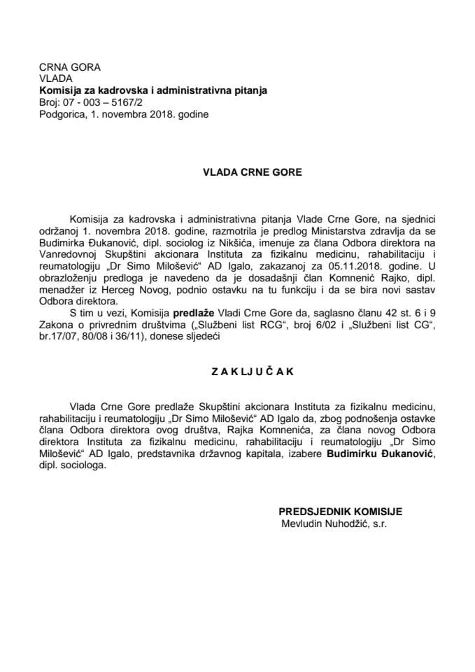 Predlog zaključka o izboru člana Odbora direktora Instituta za fizikalnu medicinu, rehabilitaciju i reumatologiju „Dr Simo Milošević“ AD Igalo