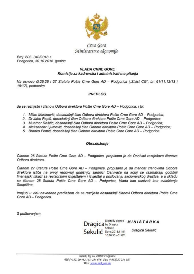 Predlog rješenja o razrješenju članova Odbora direktora Pošte Crne Gore AD Podgorica