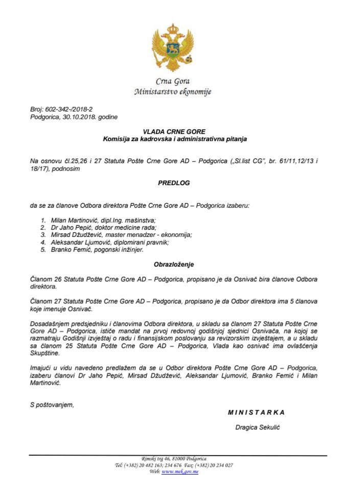 Predlog rješenja o imenovanju članova Odbora direktora Pošte Crne Gore AD Podgorica