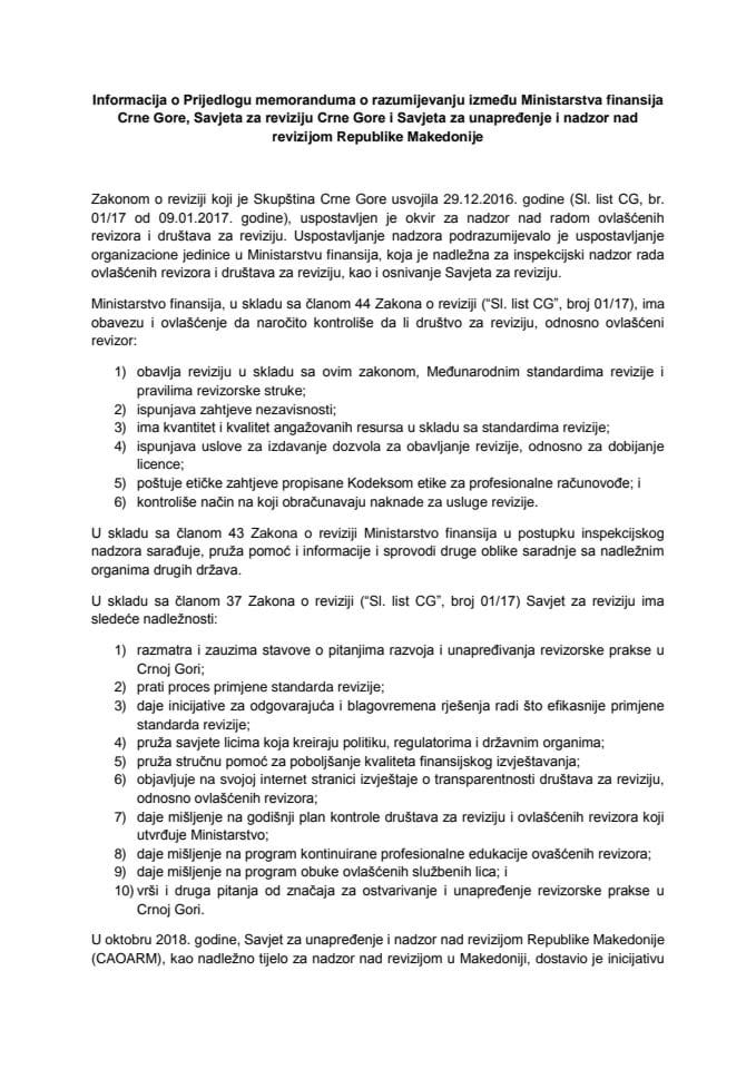 Informacija o Predlogu memoranduma o razumijevanju između Ministarstva finansija Crne Gore, Savjeta za reviziju Crne Gore i Savjeta za unaprjeđenje i nadzor nad revizijom Republike Makedonije s Predlo
