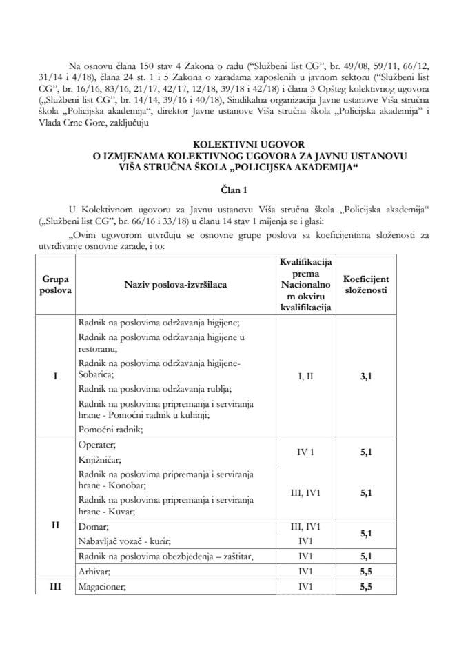 Predlog kolektivnog ugovora o izmjenama Kolektivnog ugovora za Javnu ustanovu Viša stručna škola "Policijska akademija" 