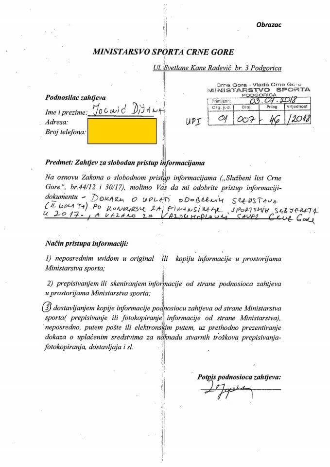 Zahtjev za slobodan pristup informacijama Dijana Jocovic