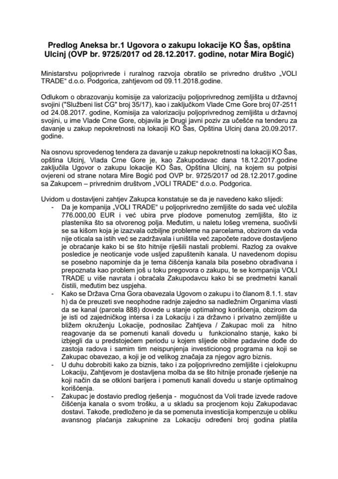 Predlog aneksa br. 1 Ugovora o zakupu lokacije KO Šas, Opština Ulcinj (OVP br. 9725/2017 od 28. 12. 2017. godine)	
