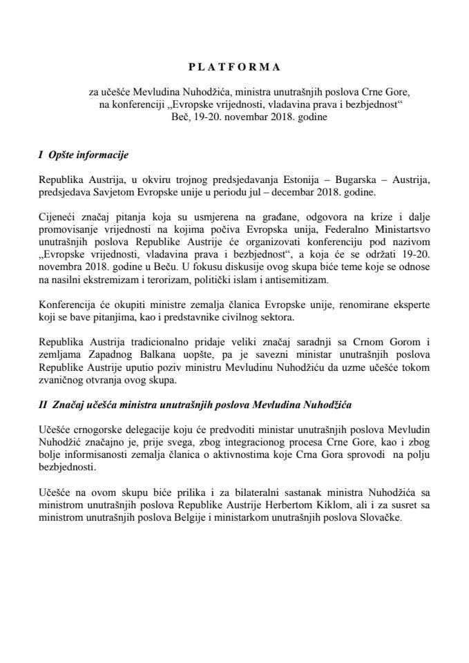 Predlog platforme za učešće Mevludina Nuhodžića, ministra unutrašnjih poslova, na konferenciji "Evropske vrijednosti, vladavina prava i bezbjednost", Beč, 19. i 20. novembra 2018. godine	
