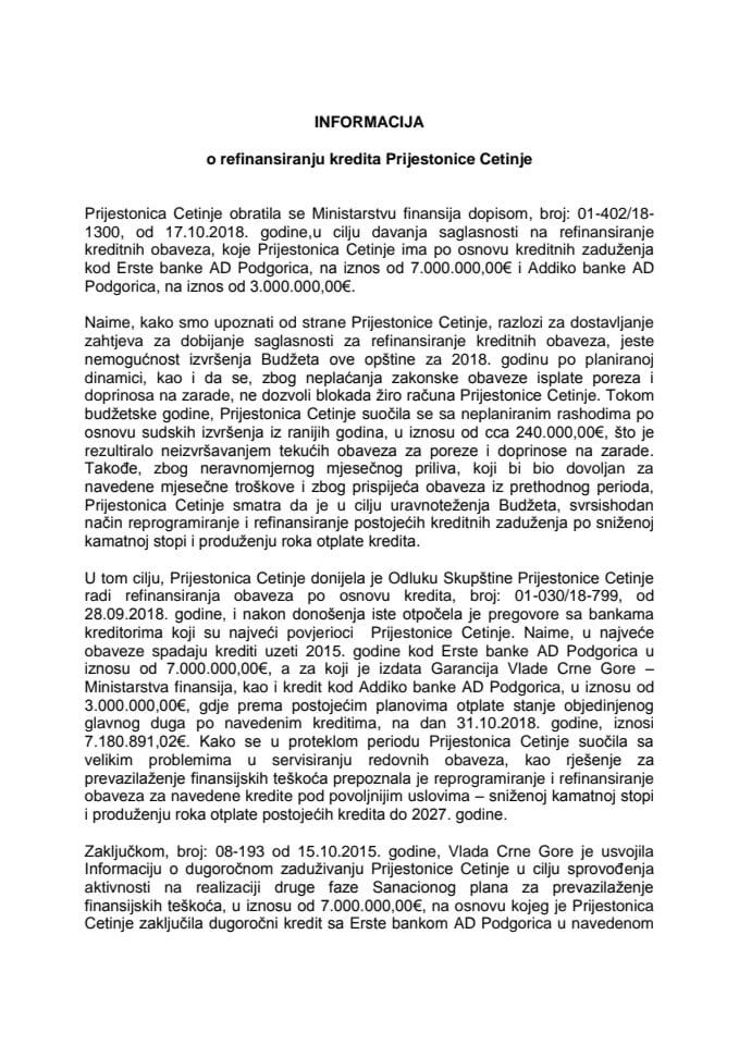 Информација о рефинансирању кредита Пријестонице Цетиње с Предлогом уговора о цесији и предлозима анекса