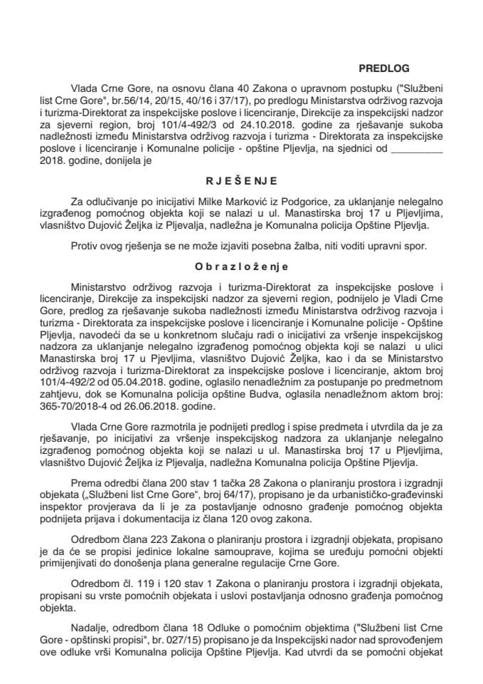 Predlog za rješavanje sukoba nadležnosti između Ministarstva održivog razvoja i turizma - Direktorata za inspekcijske poslove i licenciranje i Komunalne policije Opštine Pljevlja