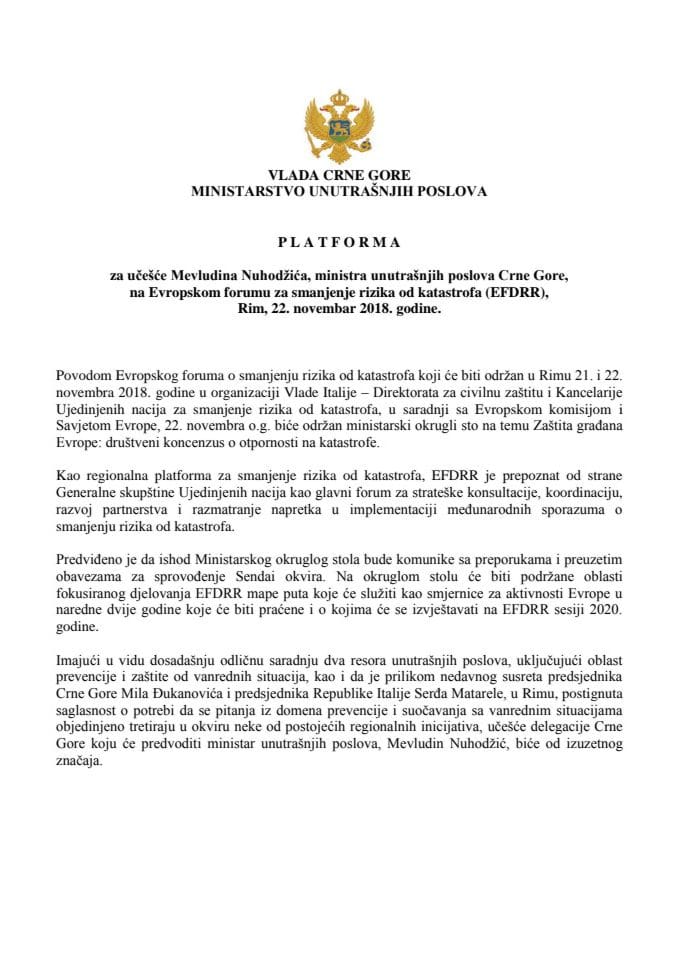 Predlog platforme za učešće Mevludina Nuhodžića, ministra unutrašnjih poslova, na Evropskom forumu za smanjenje rizika od katastrofa (EFDRR), Rim, 22. novembra 2018. godine
