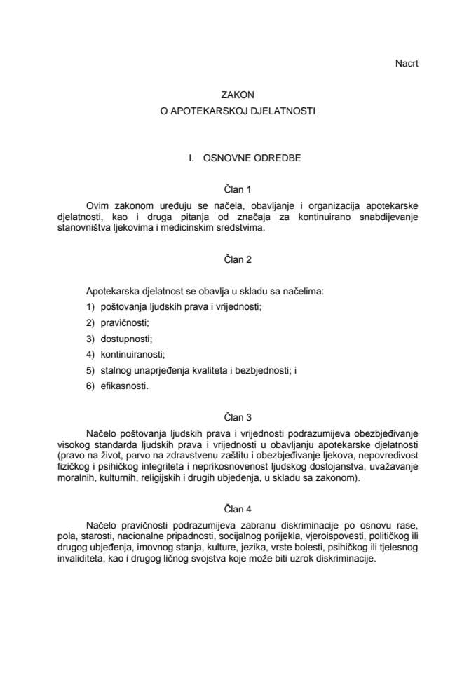 Nacrt zakona o apotekarskoj djelatnosti sa Obrazloženjem - 23.11.2018