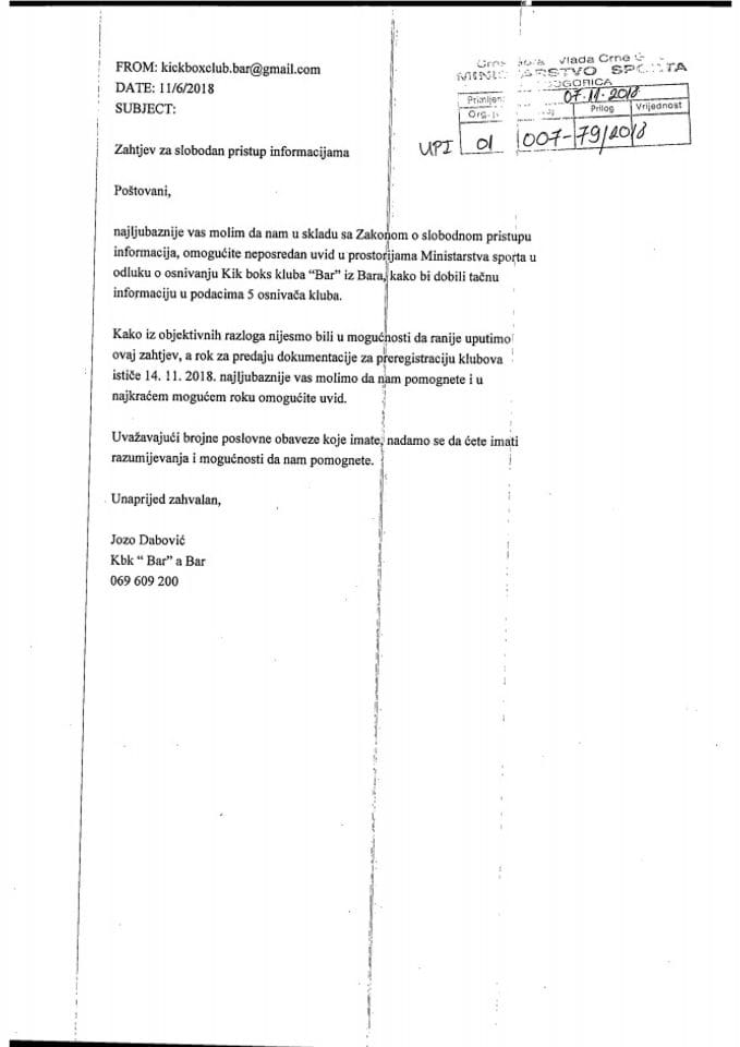 Zahtjev za slobodan pristup informacijama Kik boks klub Bar 007-79