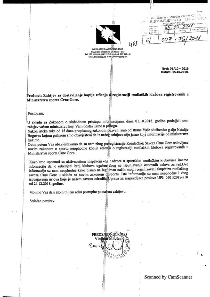 zahtjev za slobodan pristup informacijama Ronilacki savez CG UPI  007-76