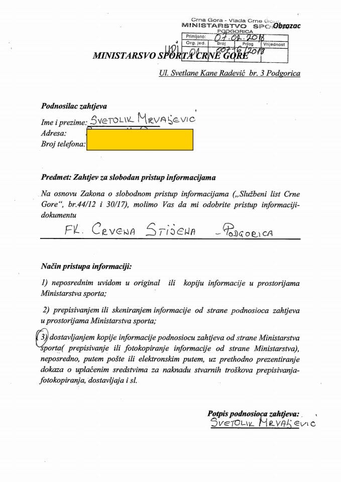 Zahtjev za slobodan pristup informacijama FK Crvena Stijena 007-6