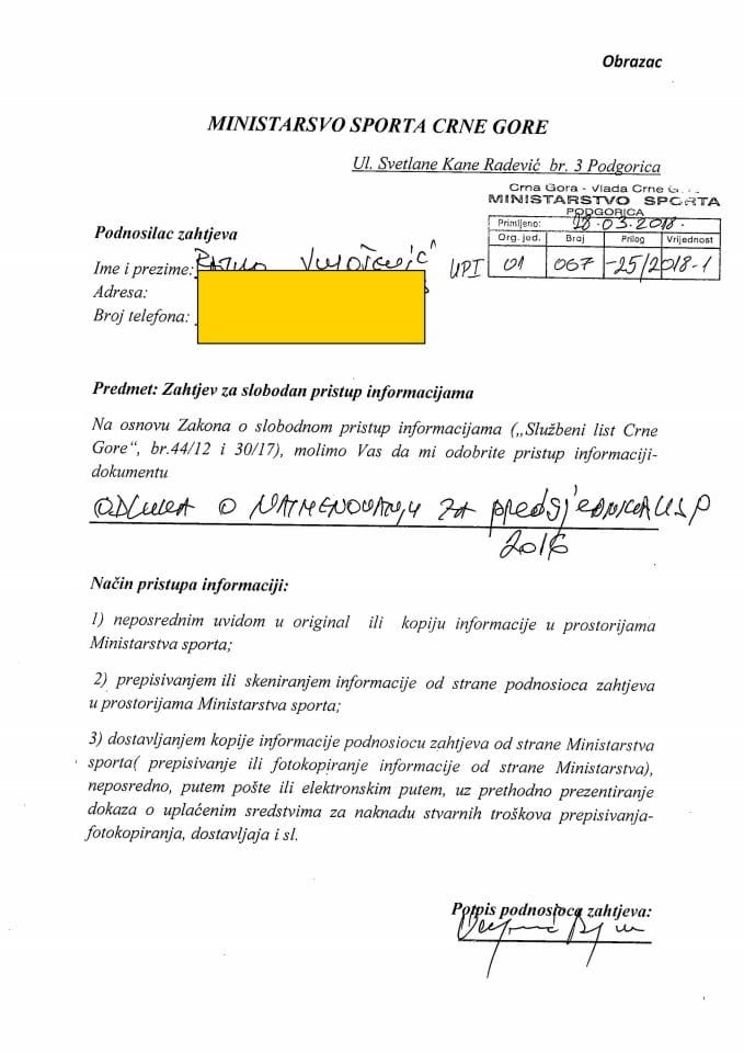 Zahtjev za slobodan pristup informacijama Rajko Vujošević 007-25