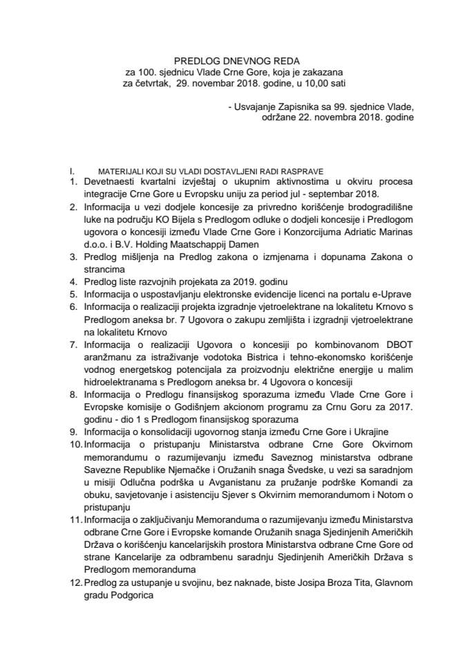 Predlog dnevnog reda za 100. sjednicu Vlade Crne Gore