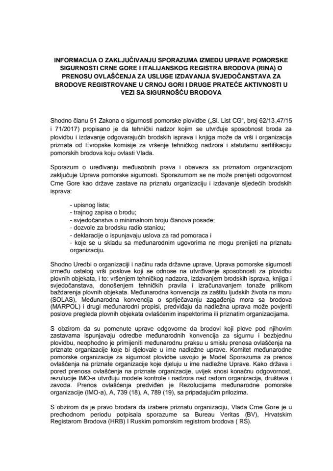 Informacija o zaključivanju Sporazuma između Uprave pomorske sigurnosti Crne Gore i italijanskog registra brodova (RINA) o prenosu ovlašćenja za usluge izdavanja svjedočanstava za brodove registrovane