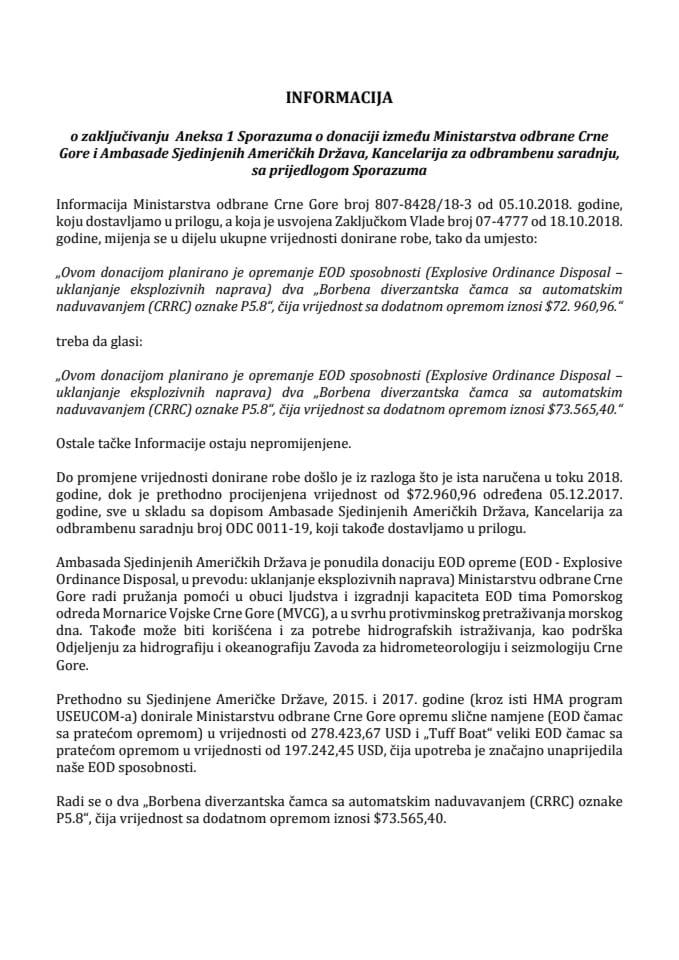 Informacija o zaključivanju Aneksa 1 Sporazuma između Ministarstva odbrane Crne Gore i ambasade Sjedinjenih Američkih Država, Kancelarija za odbrambenu saradnju s Predlogom aneksa I Sporazuma