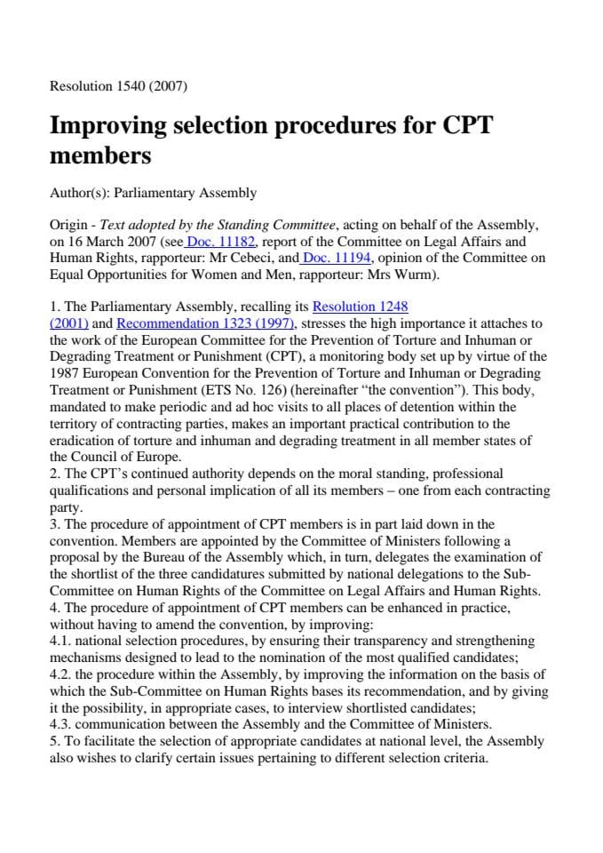 Rezolucija 1540 (2007) - Unapređenje procedure izbora CPT članova