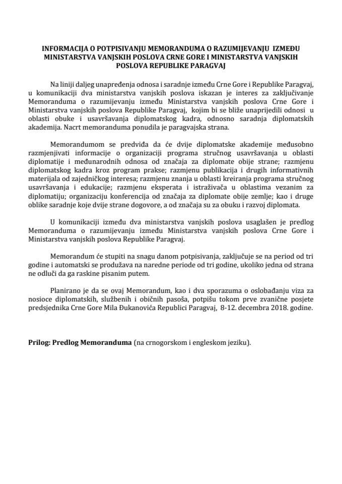 Информација о потписивању Меморандума о разумијевању између Министарства вањских послова Црне Горе и Министарства вањских послова Републике Парагвај с Предлогом меморандума