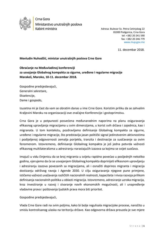 Obraćanje minista unutrašnjih posloa Mevludina Nuhodžića na Međuvladinoj konferenciji za usvajanje Globalnog kompakta za sigurne, uređene i regularne migracije Marakeš, Maroko.pdf