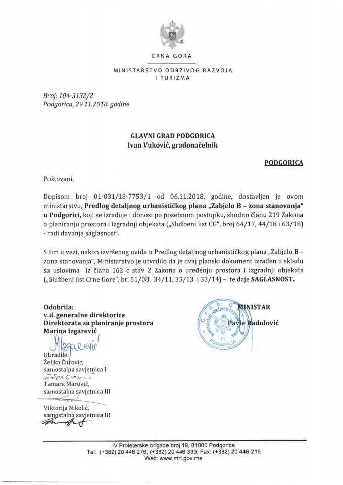 104-3132_2 Сагласност на Предлог ДУП-а Забјело 8-зона становања, Главни град Подгорица