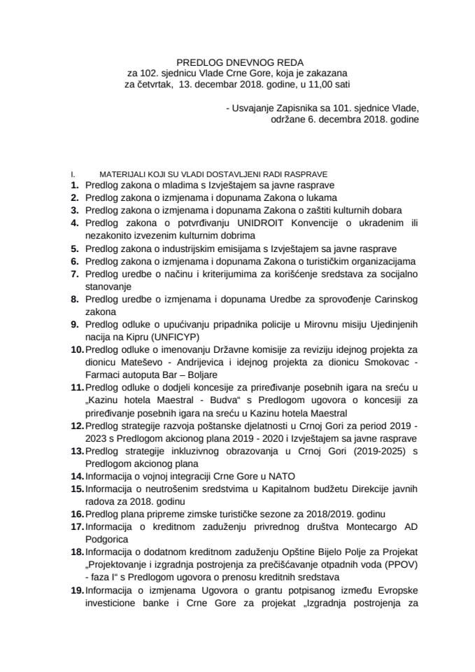 Предлог дневног реда за 102. сједницу Владе Црне Горе