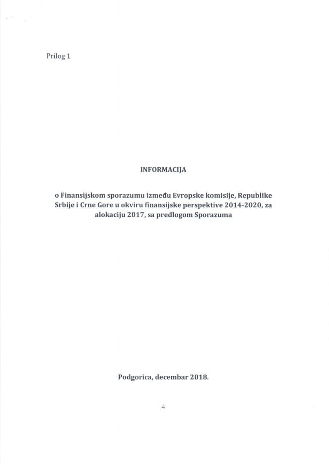 Informacija o Finansijskom sporazumu između Evropske komisije, Republike Srbije i Crne Gore u okviru finansijske perspektive 2014-2020, za alokaciju 2017 s Predlogom finansijskog sporazuma