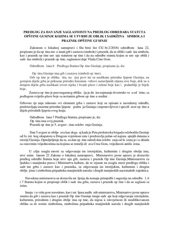 Предлог за давање сагласности на одредбе Предлога статута Општине Гусиње којим се утврђује облик и садржина симбола и празник Општине Гусиње