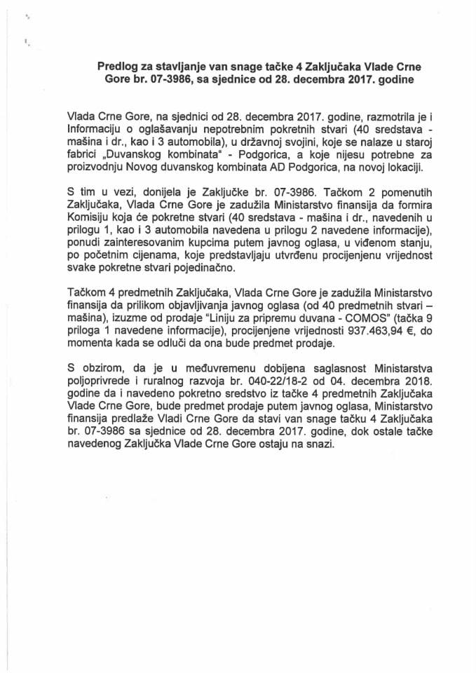 Предлог за стављање ван снаге тачке 4 Закључака Владе Црне Горе, број: 07-3986, са сједнице од 28. децембра 2017. године